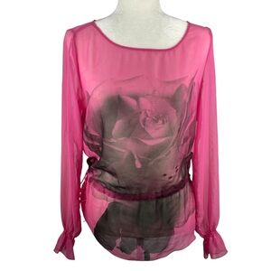 Vintage Cavalli Jeans hot Pink fuschia Y2K blouse tunic rose print sheer us8 10